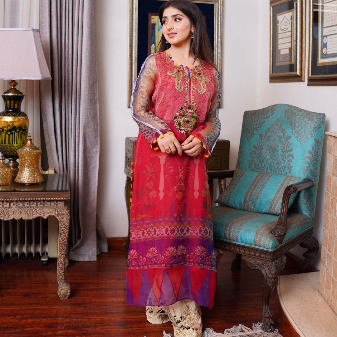 Crimson Royale Printed Organza Ensemble