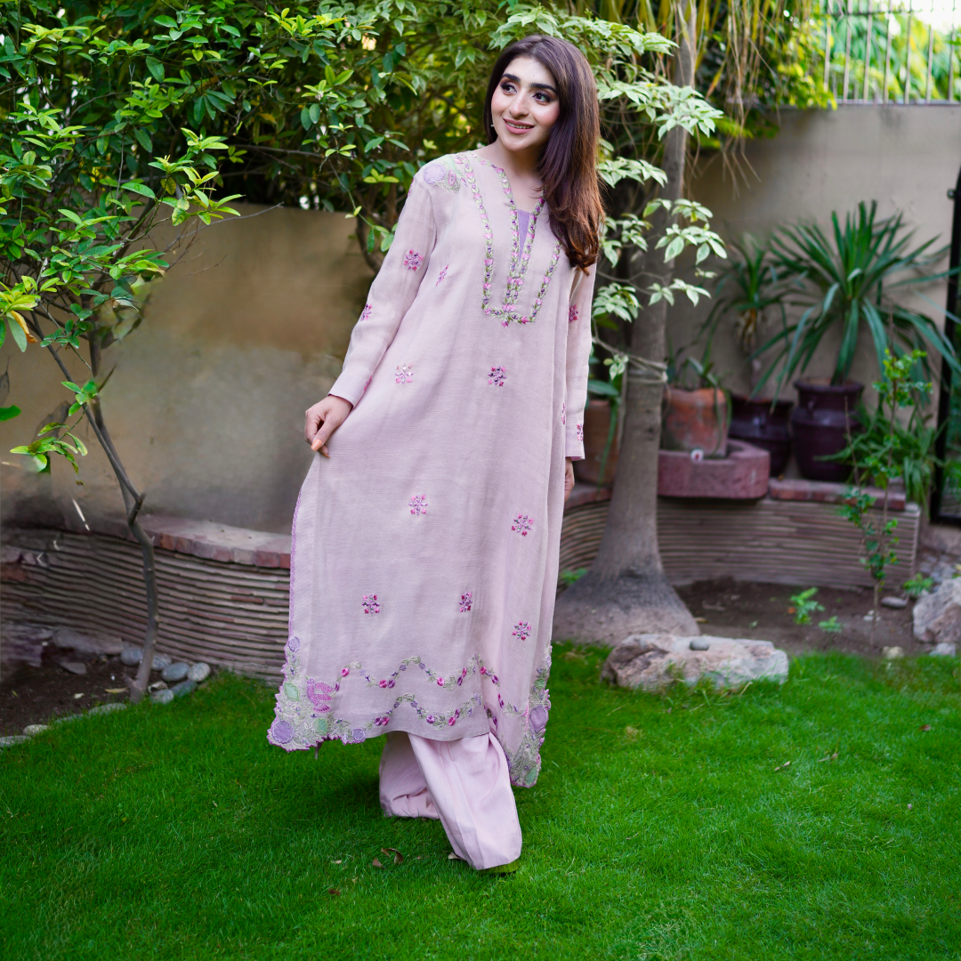 Aliha - Dusty Rose Embroidered Cotton Net Kurta Set