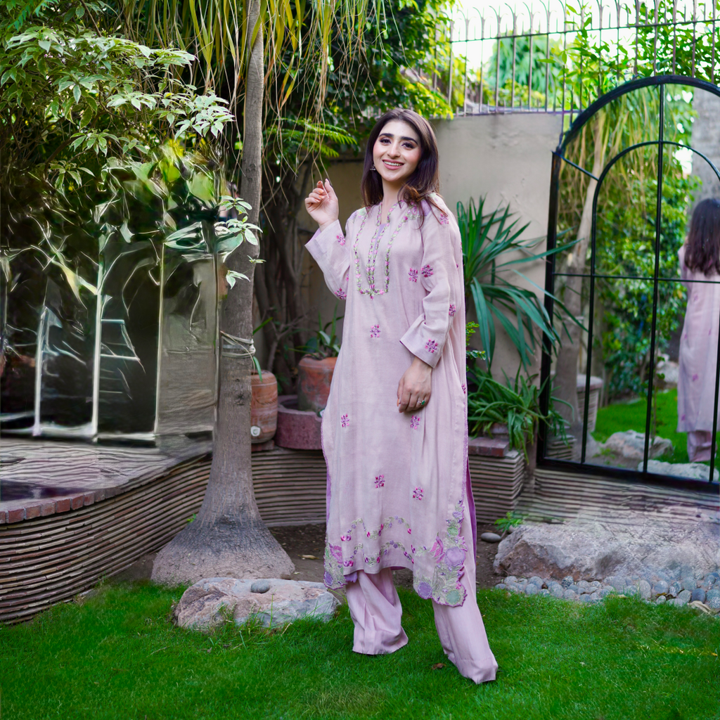 Aliha - Dusty Rose Embroidered Cotton Net Kurta Set