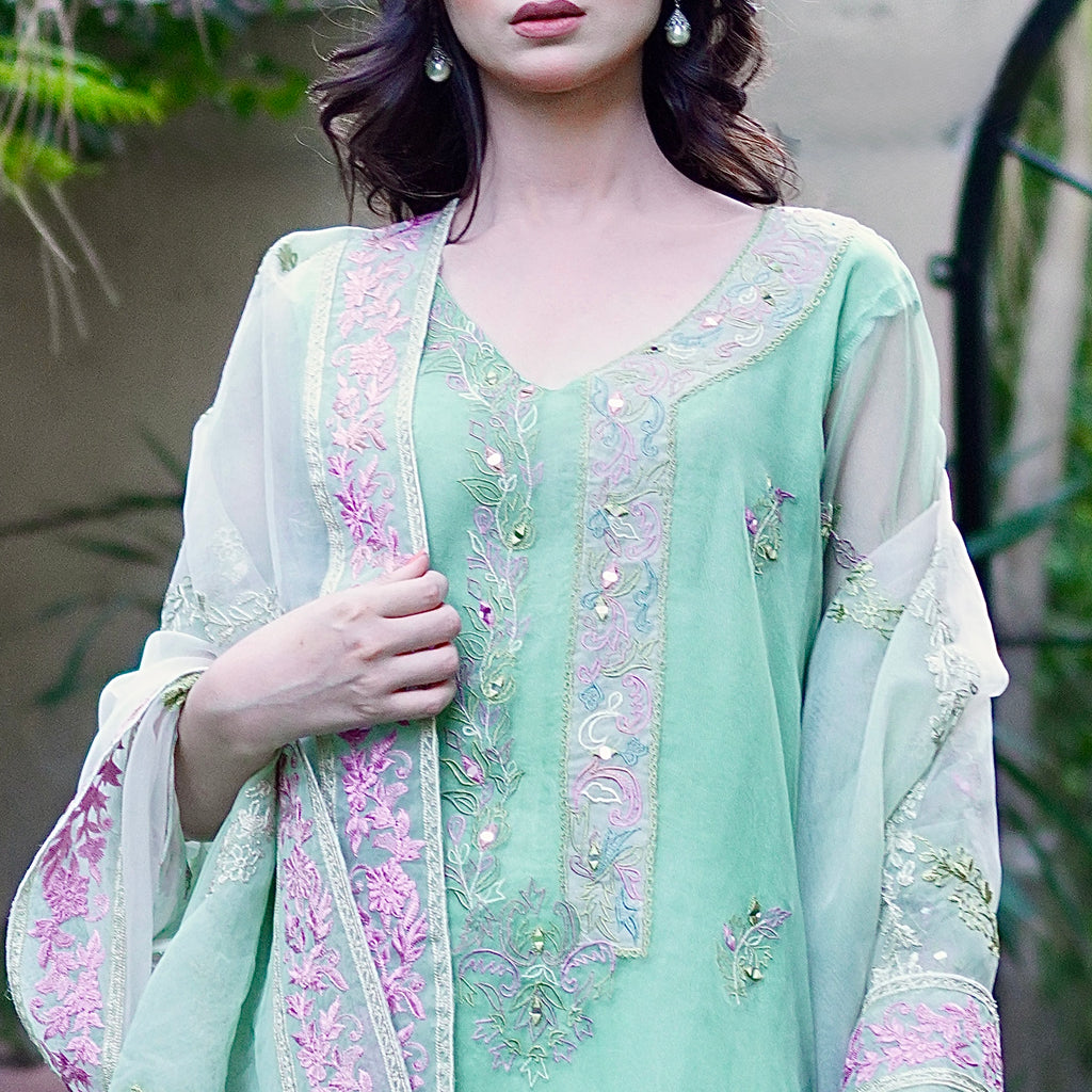 Saahil - Mint Green Embroidered Organza Three-Piece Set
