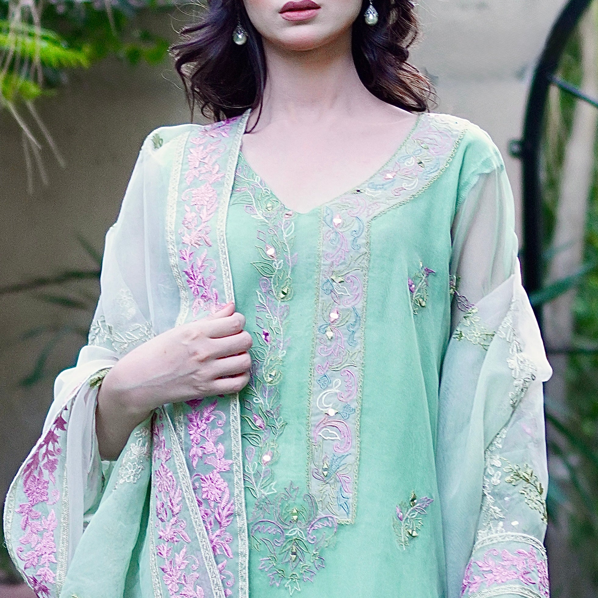 Saahil - Mint Green Embroidered Organza Three-Piece Set
