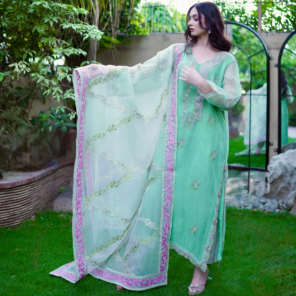 Saahil - Mint Green Embroidered Organza Three-Piece Set