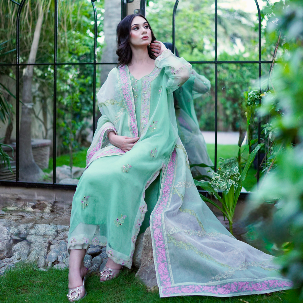 Saahil - Mint Green Embroidered Organza Three-Piece Set