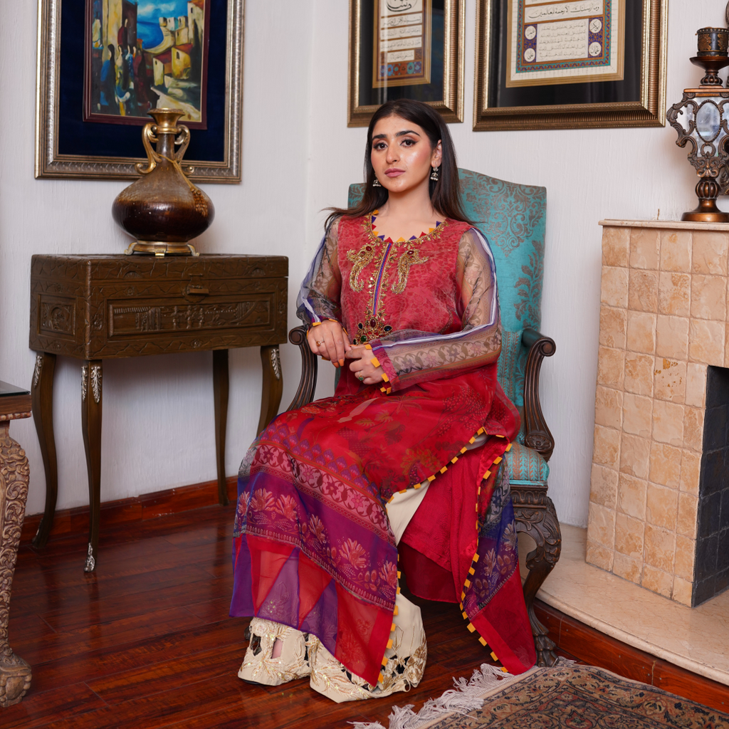 Crimson Royale Printed Organza Ensemble