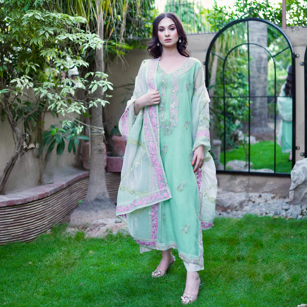 Saahil - Mint Green Embroidered Organza Three-Piece Set